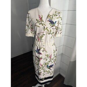 Ted Baker Dress Womens 3 White Evrely Hummingbird Print Sheath Knee Belted